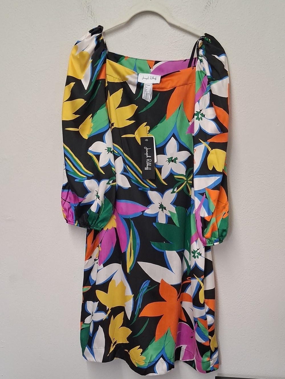 Joseph Ribkoff Black Floral Square Neck Puff Sleeve Dress